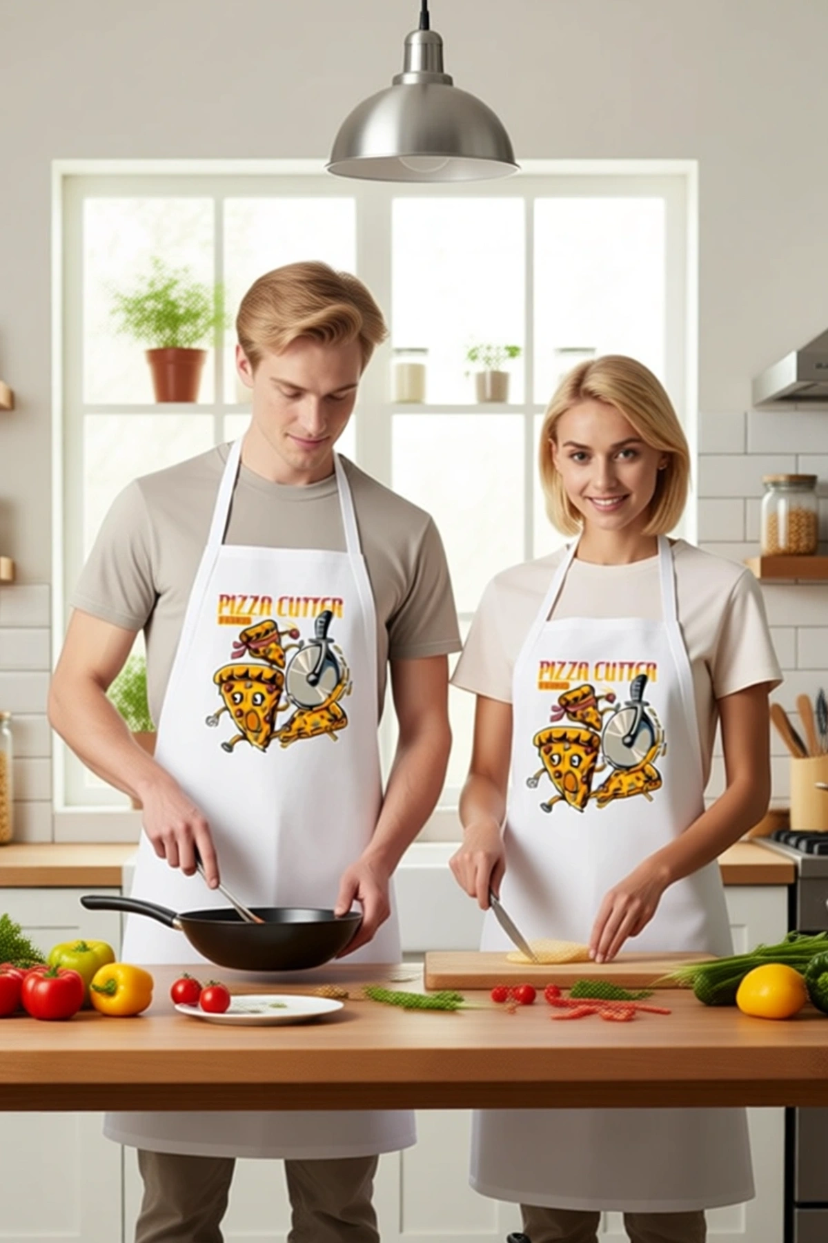 Unisex Mutfak Önlüğü Pizza Kesici Teması Grafik Baskılı Rahat Kesim Aşçı Günlük Modern Şık Konforlu