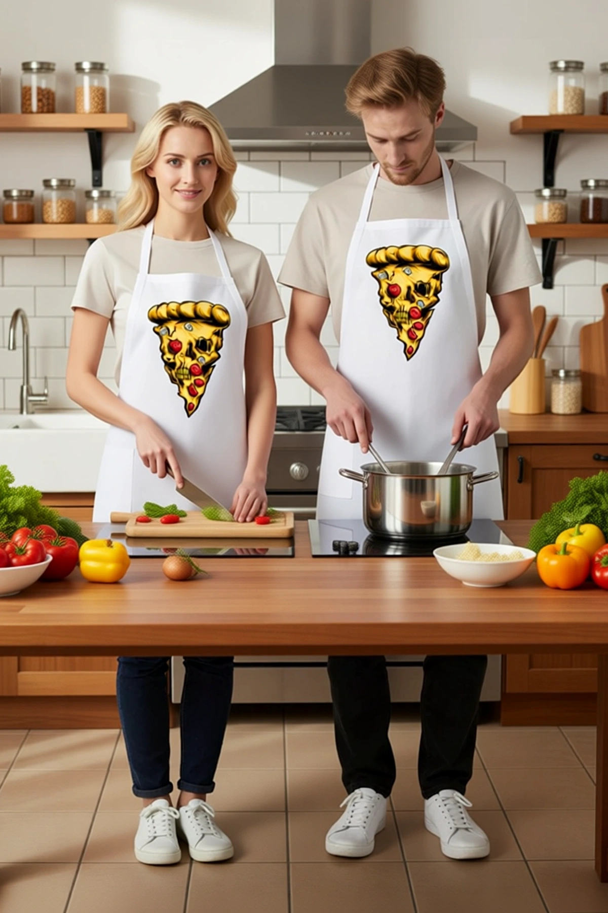 Unisex Mutfak Aşçı Önlüğü Kafatası Pizza Dilimi Baskılı DTF Dijital Desen Rahat Kesim Günlük Modern