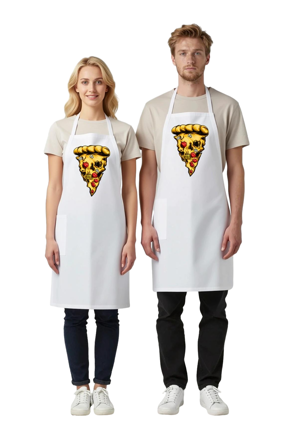 Unisex Mutfak Aşçı Önlüğü Kafatası Pizza Dilimi Baskılı DTF Dijital Desen Rahat Kesim Günlük Modern