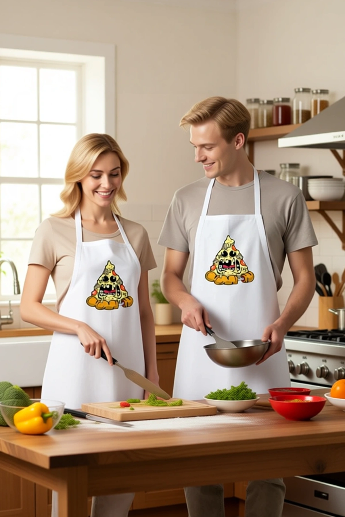 Unisex Mutfak Önlüğü Pizza Yüzlü Komik Baskılı Aşçı Rahat Kesim Günlük Modern Şık Konforlu Zarif