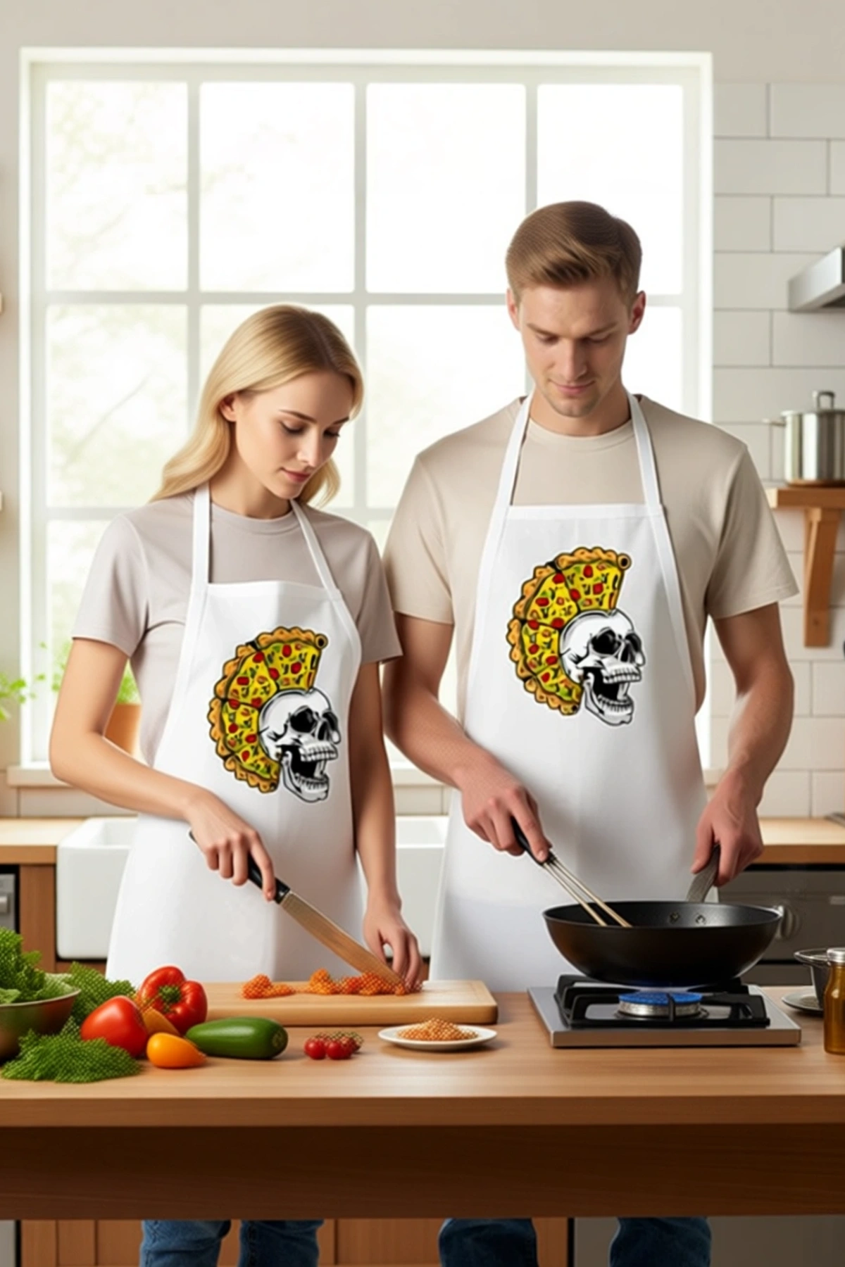 Unisex Mutfak Aşçı Önlüğü Kafatası Pizza Baskılı Grafik Tasarım Sanat Yönelimli Rahat Günlük Modern