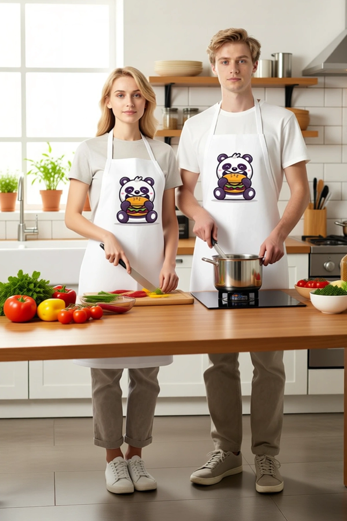 Unisex Mutfak Aşçı Önlüğü Burger Tutan Panda Karikatür Baskılı Rahat Kesim Günlük Modern Şık Zarif