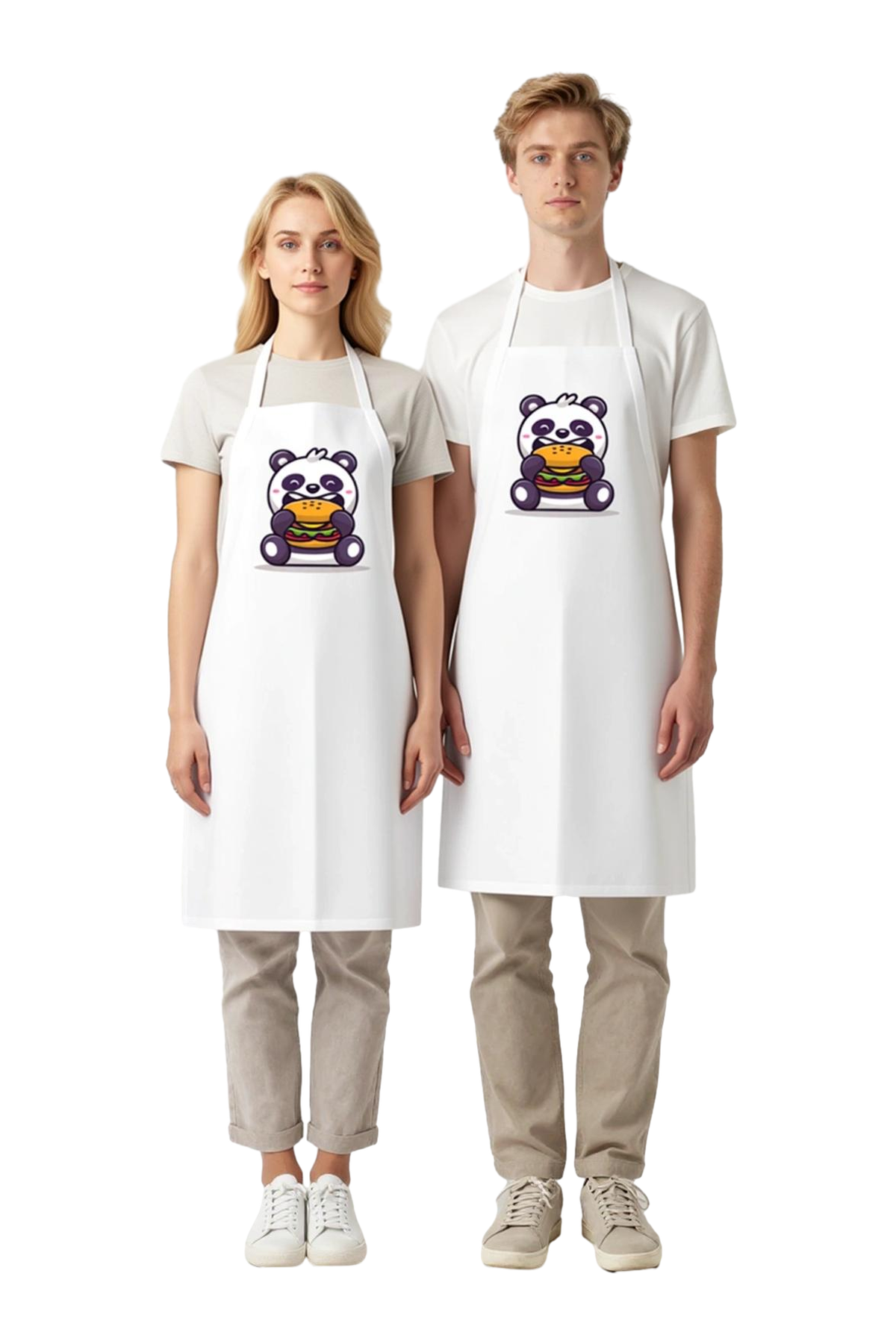 Unisex Mutfak Aşçı Önlüğü Burger Tutan Panda Karikatür Baskılı Rahat Kesim Günlük Modern Şık Zarif