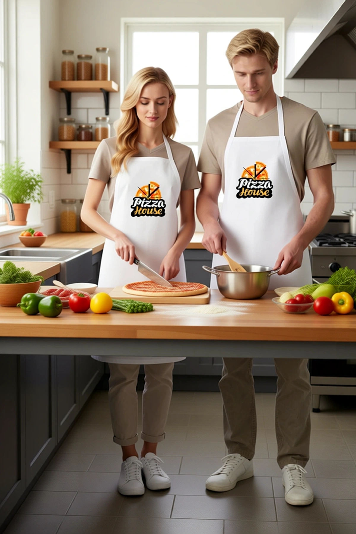 Unisex Mutfak Önlüğü Pizza House Retro Baskı Nostaljik Tasarım Rahat Kesim Günlük Aşçı Modern Şık