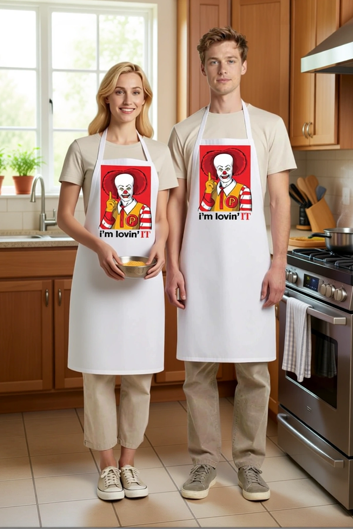 Unisex Mutfak Aşçı Önlüğü Fast Food Temalı Komik Baskılı Günlük Kullanım Konforlu Rahat Modern Şık