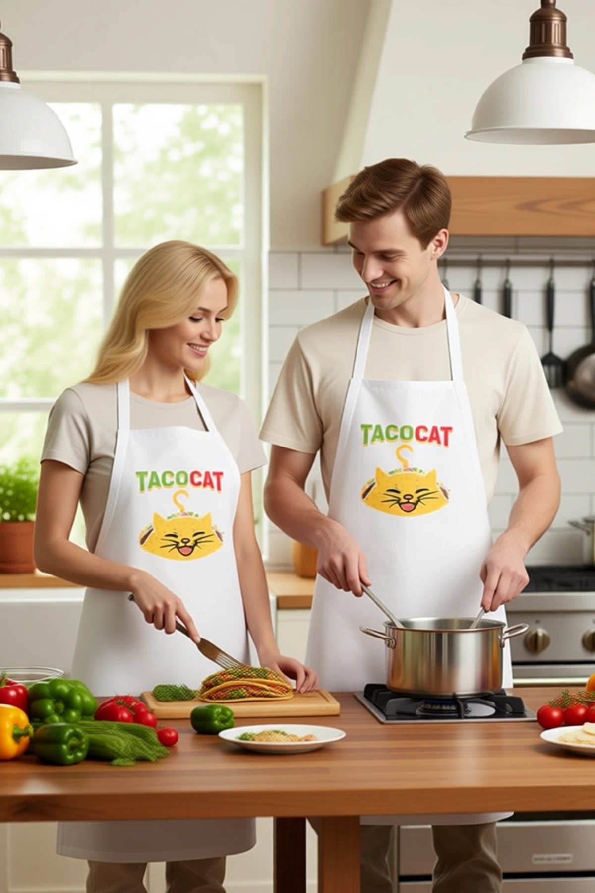 Kadın Unisex Mutfak Aşçı Önlüğü Taco Kedi Baskılı Komik Desenli Rahat Günlük Kullanım Modern Şık