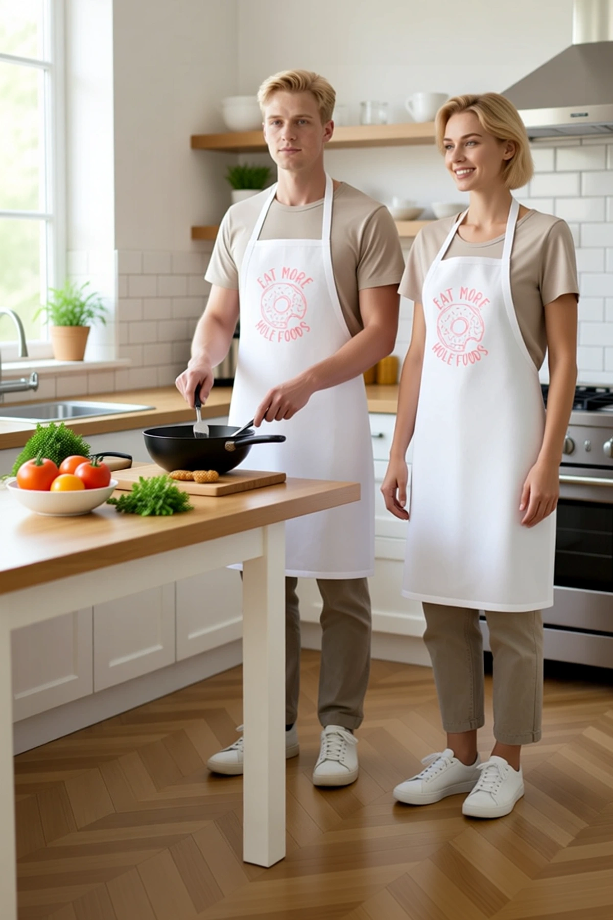 Erkek Unisex Mutfak Aşçı Önlüğü Sağlıklı Yiyecek Baskılı Rahat Kesim Günlük Kullanım Modern Şık