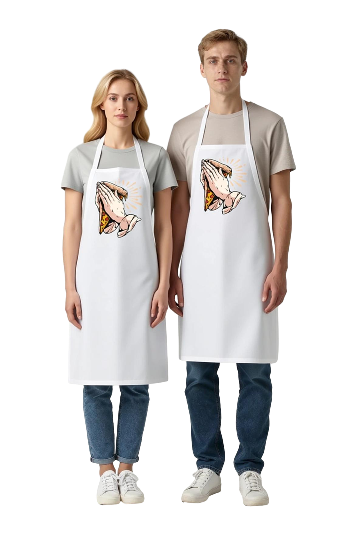 Kadın Unisex Mutfak Aşçı Önlüğü Dua Eden Eller Pizza Baskılı Sanat Desenli Rahat Kesim Günlük Modern