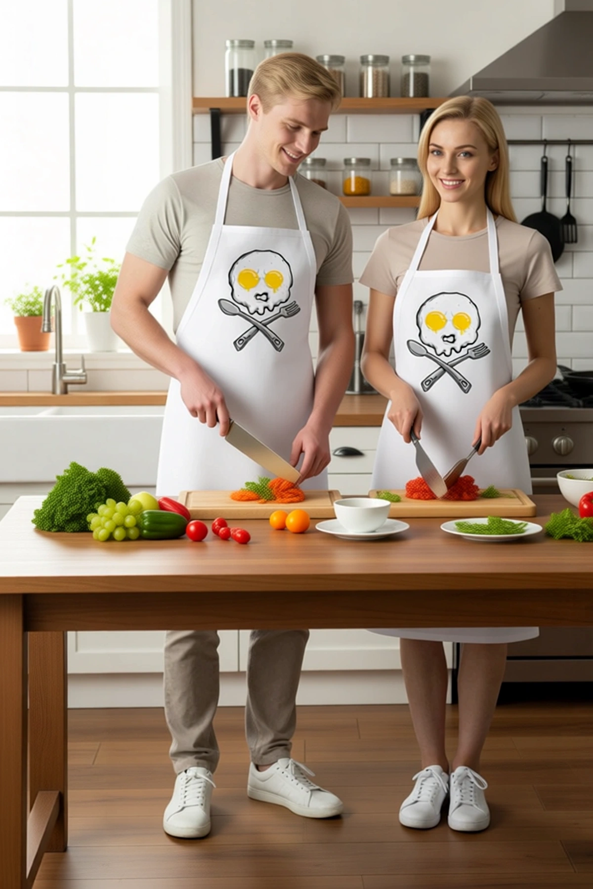 Erkek Unisex Aşçı Önlüğü Kuru Kafa Baskılı Mutfak Sanatçısı Motifli Rahat Kesim Günlük Modern Şık