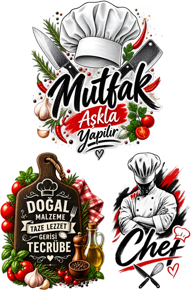 Unisex Aşçı Önlüğü Mutfak Baskılı Şef Rozeti Bıçak Doğal Malzeme Detaylı Rahat Kesim Günlük Modern