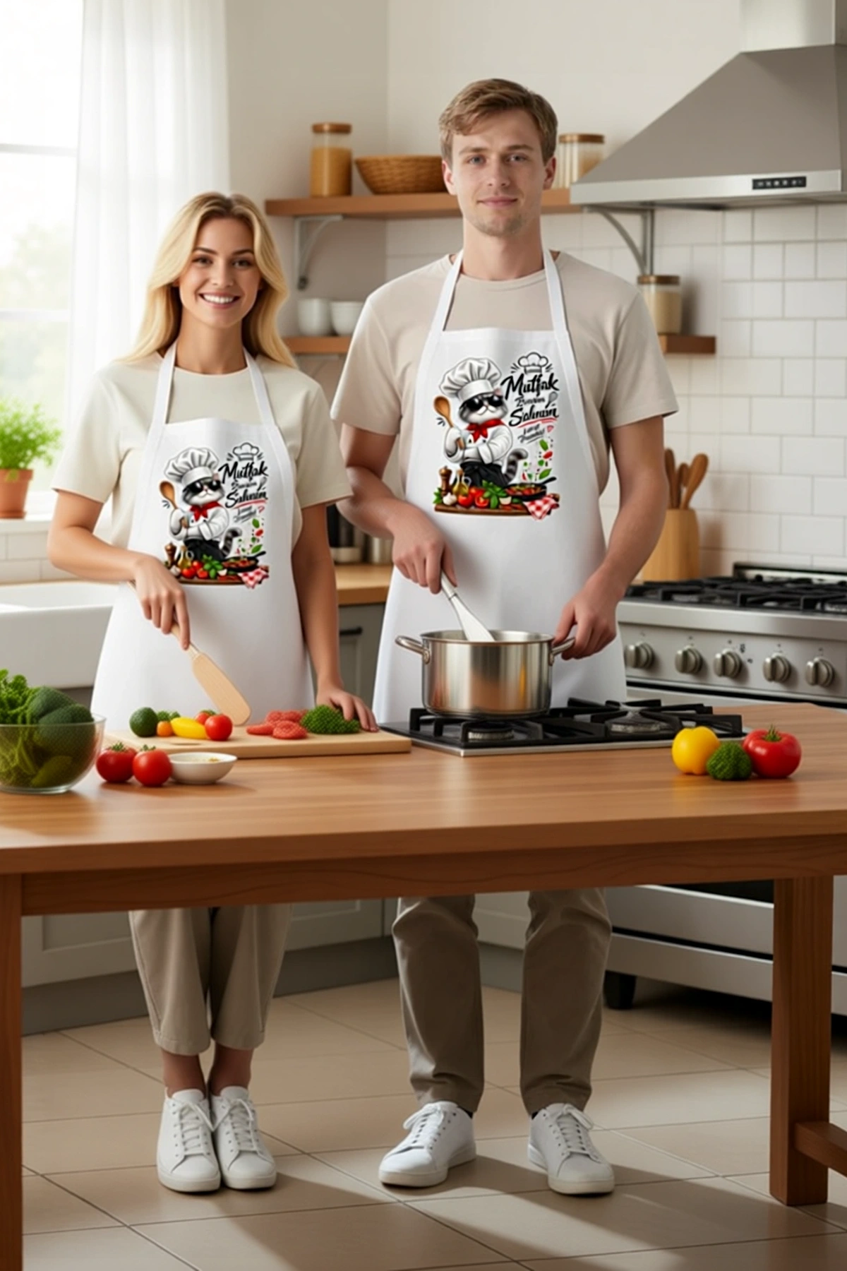 Kadın Aşçı Önlüğü Karikatür Kedi Baskılı Mutfak Temalı Unisex Rahat Kesim Günlük Kullanım Modern