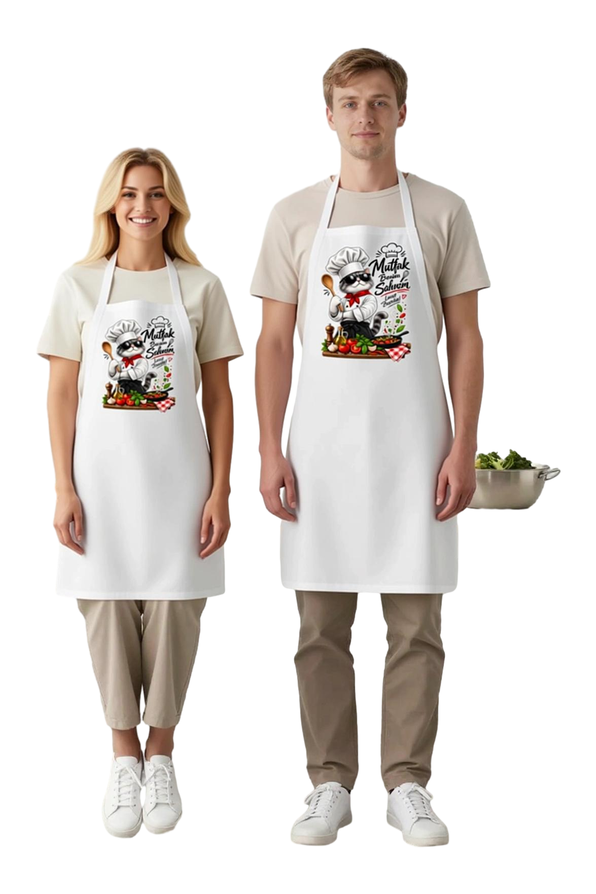 Kadın Aşçı Önlüğü Karikatür Kedi Baskılı Mutfak Temalı Unisex Rahat Kesim Günlük Kullanım Modern