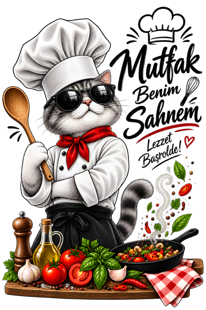 Kadın Aşçı Önlüğü Karikatür Kedi Baskılı Mutfak Temalı Unisex Rahat Kesim Günlük Kullanım Modern