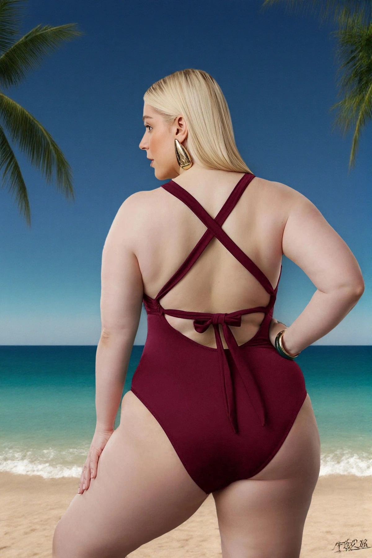 Kadın Büyük Beden Mayo V Yaka Kolsuz Bel Cut Out Mesh Detay Örme Kumaş Suya Dayanıklı