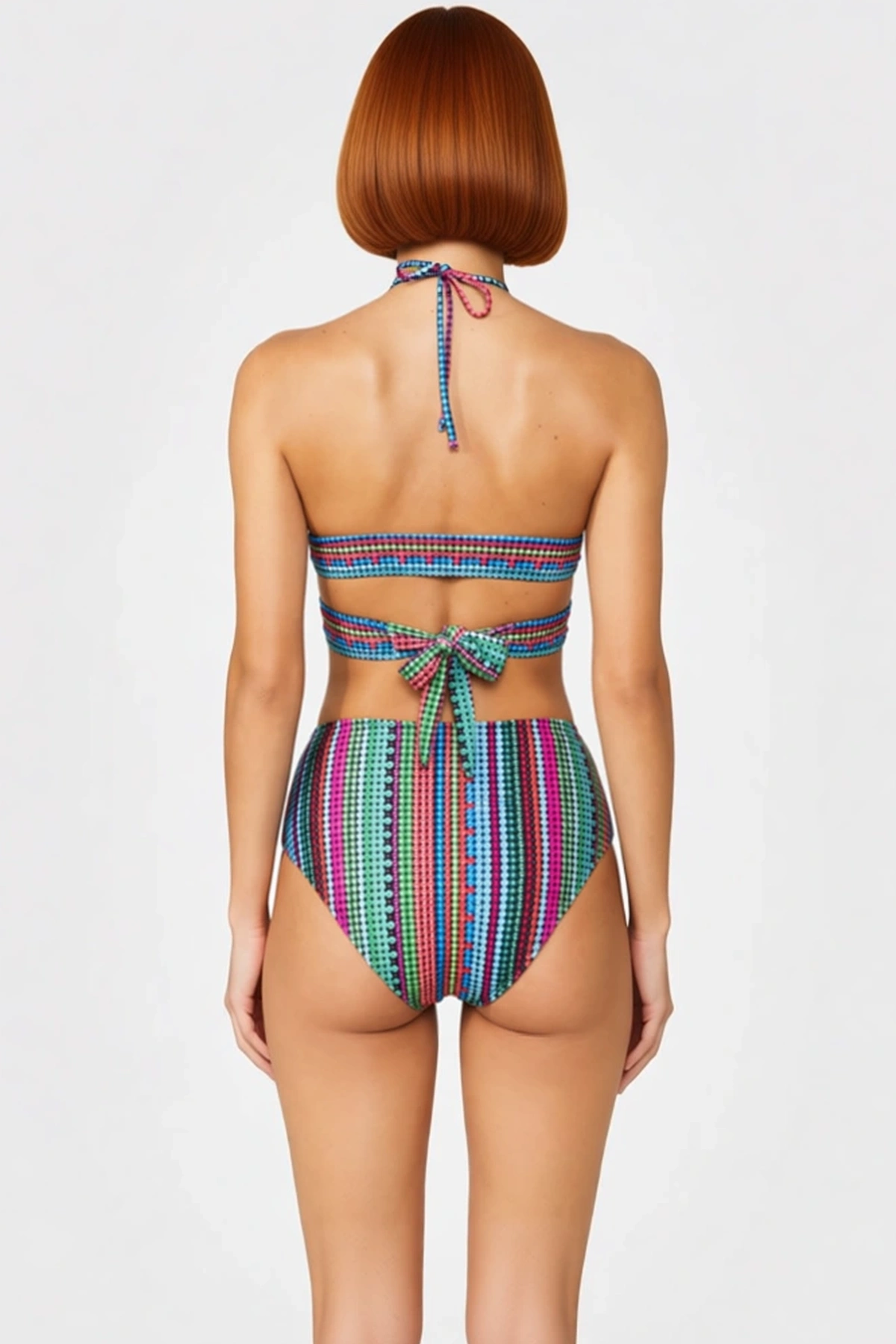 Kadın Bikini Takımı Kruvaze Yaka Balensiz Atma Kap Bağlamalı Yüksek Bel Hipster Alt Etnik Desen Örme