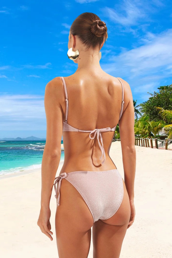 Kadın Bikini Takımı Bralette Kaplı Normal Bel Bağlamalı Simli Örme Kumaş Kolsuz Düz Desen Regular