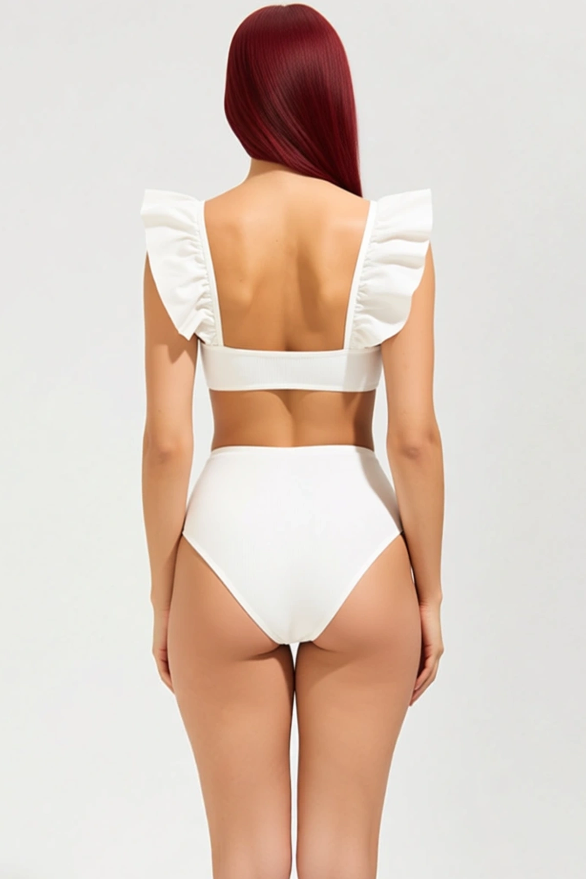 Kadın Bikini Takımı Dokulu Örme Fırfırlı Bralette Balensiz Yüksek Bel Hipster Kolsuz Kapalı Arka