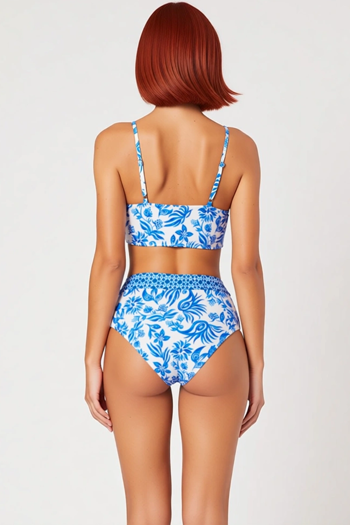 Kadın Bikini Takımı Üçgen Kap Kolsuz Yüksek Bel Hipster Alt Çiçek Desenli Balensiz Örme Raşel