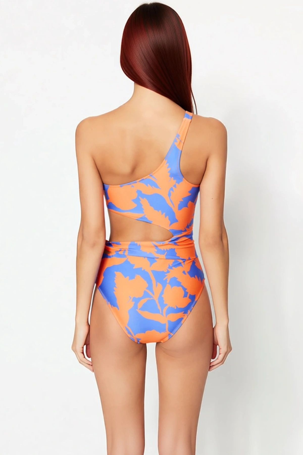 Kadın Mayo Tek Omuz Cut Out Detaylı Balensiz Kolsuz Regular Kalıp Tropikal Desenli Örme Raşel Kumaş