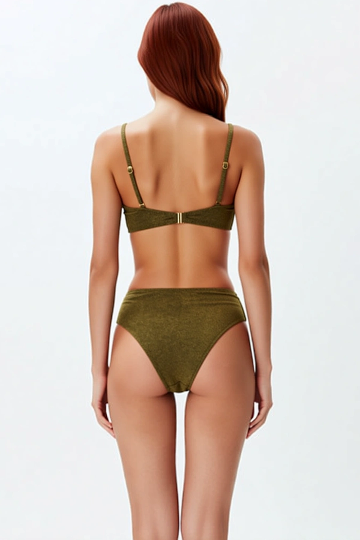 Kadın Bikini Takımı Ayarlanabilir Askılı Kaplı Yüksek Bel Simli Örme Balensiz Aksesuarlı Regular