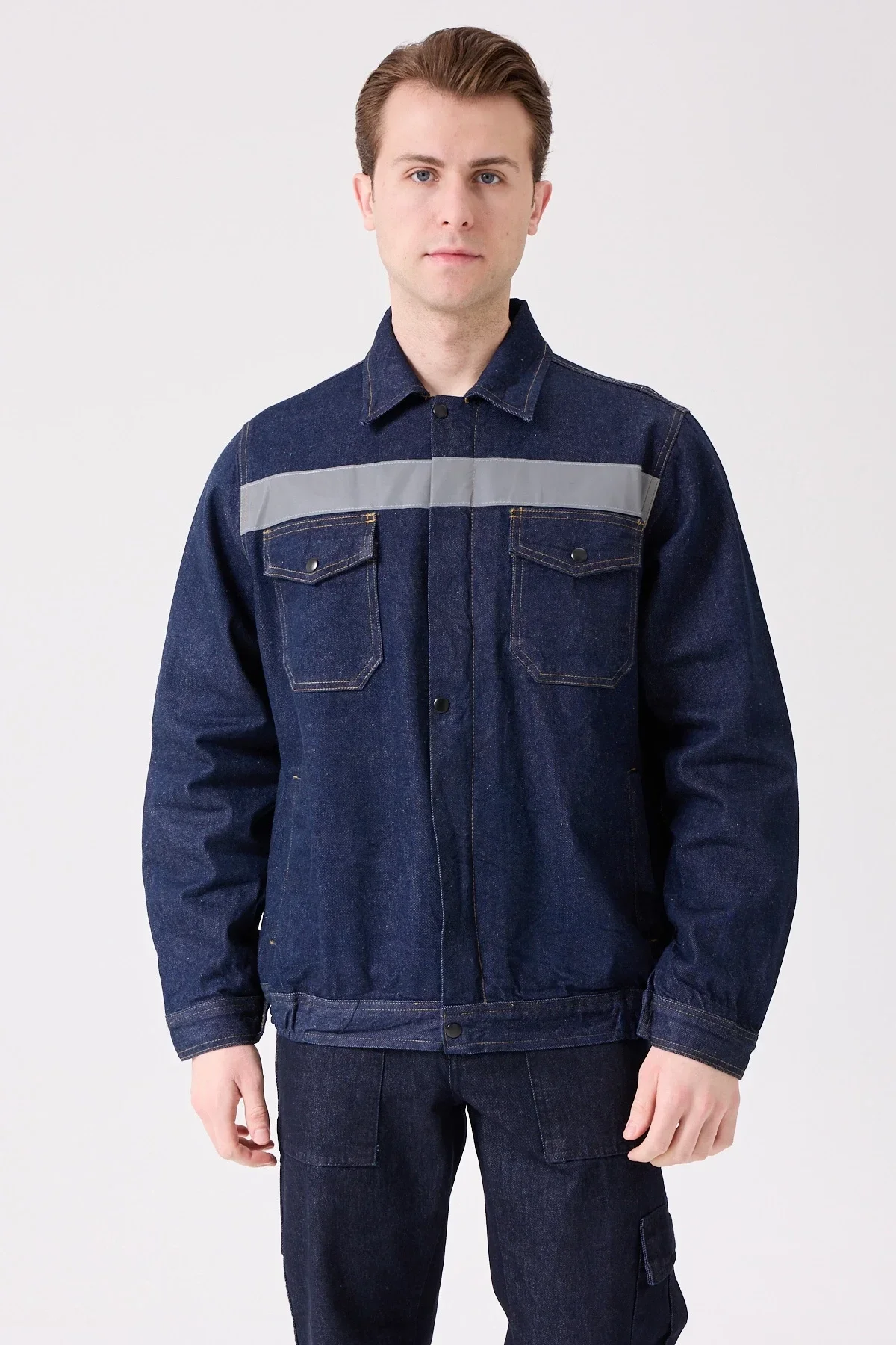 Erkek Denim ISG Mont Koyu Reflektör Detaylı CE Tulipa Kot İş Güvenliği Reflektörlü Ceket