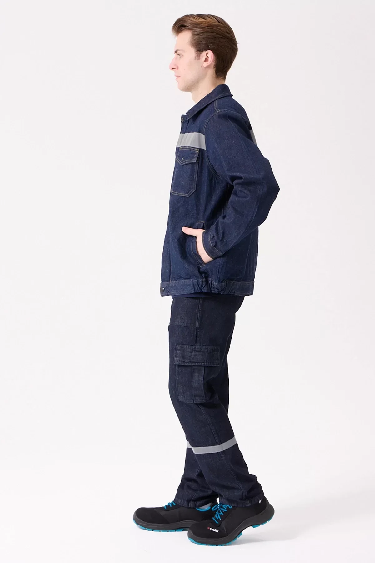 Erkek Denim ISG Mont Koyu Reflektör Detaylı CE Tulipa Kot İş Güvenliği Reflektörlü Ceket