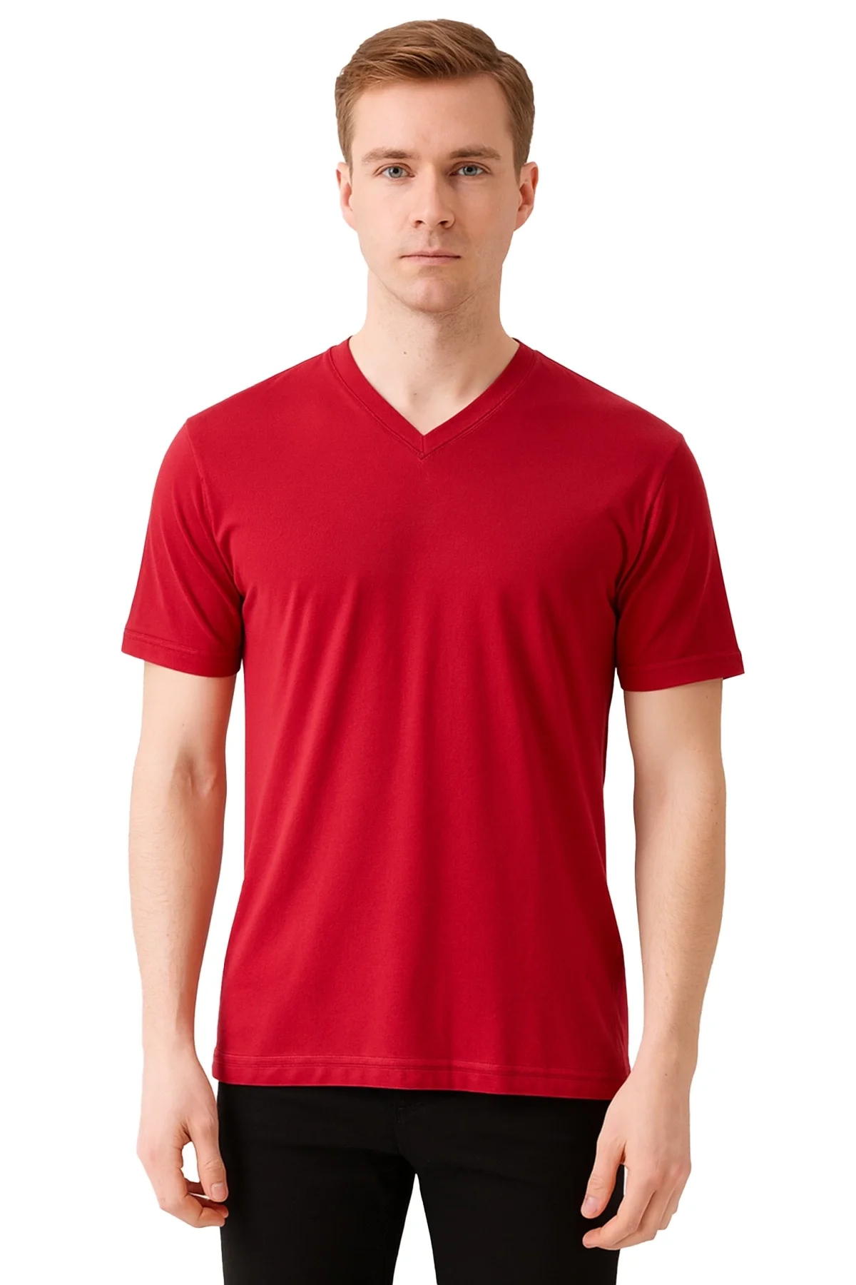 Erkek Siyah V Yaka Kısa Kollu Nefes Alabilir Pamuklu Düz T-Shirt
