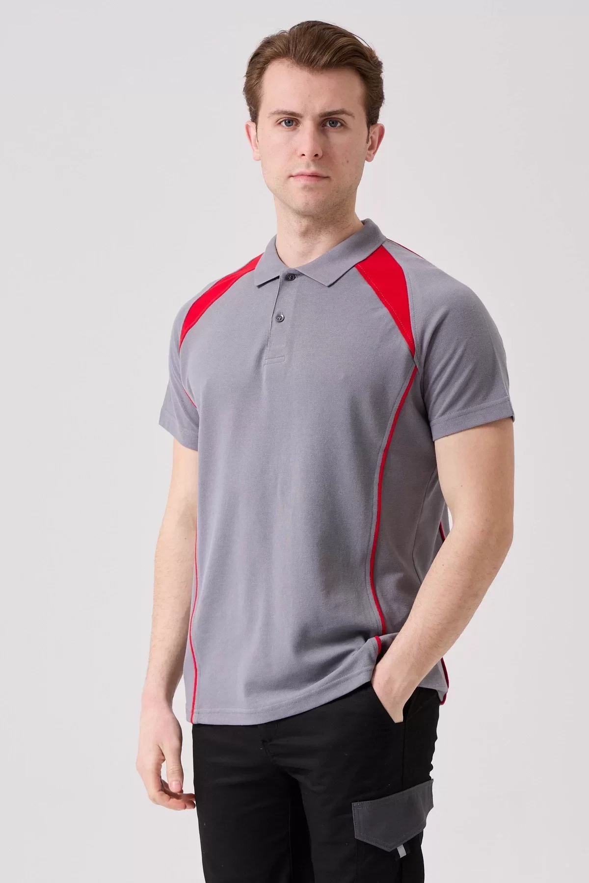 Polo Yaka Tişört GriKırmızı Detaylar İş Güvenliği Vancelya shirt Nefes Alabilir Şık Rahat Günlük