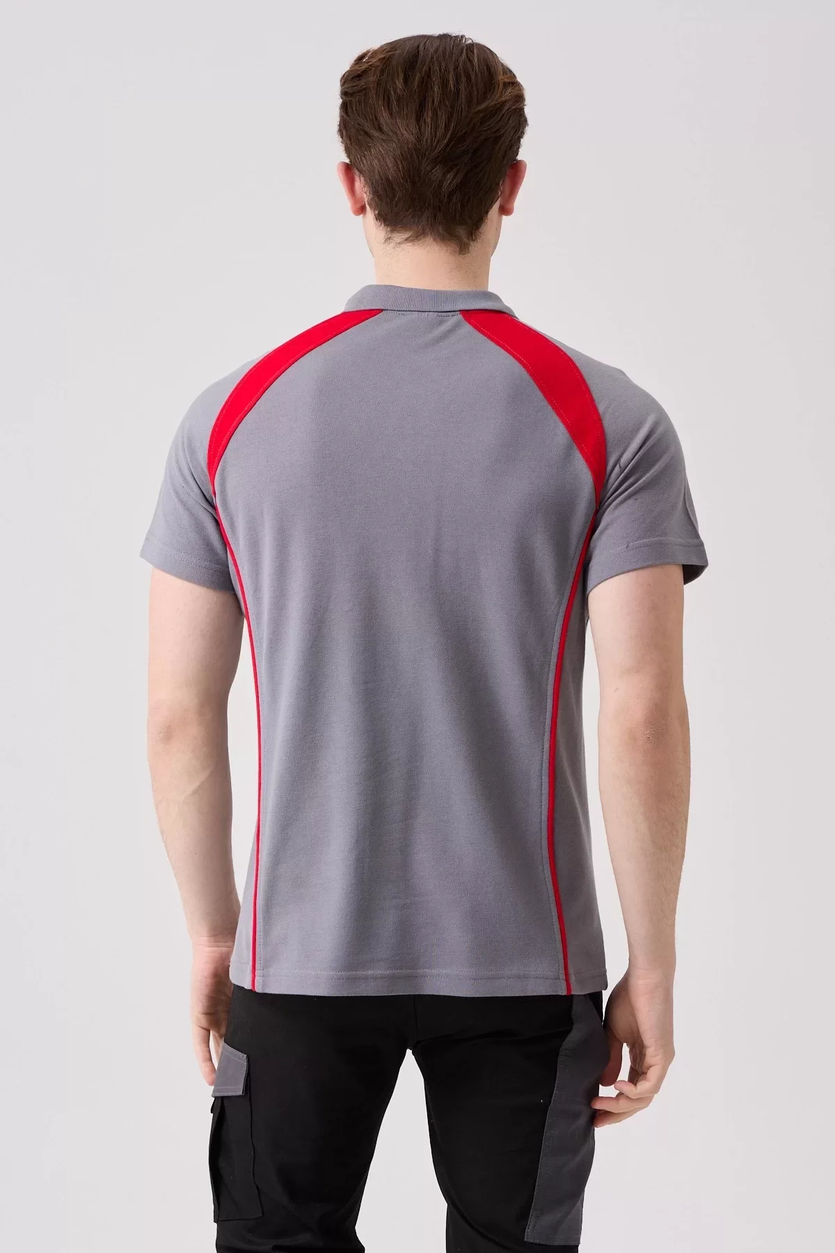 Polo Yaka Tişört GriKırmızı Detaylar İş Güvenliği Vancelya shirt Nefes Alabilir Şık Rahat Günlük