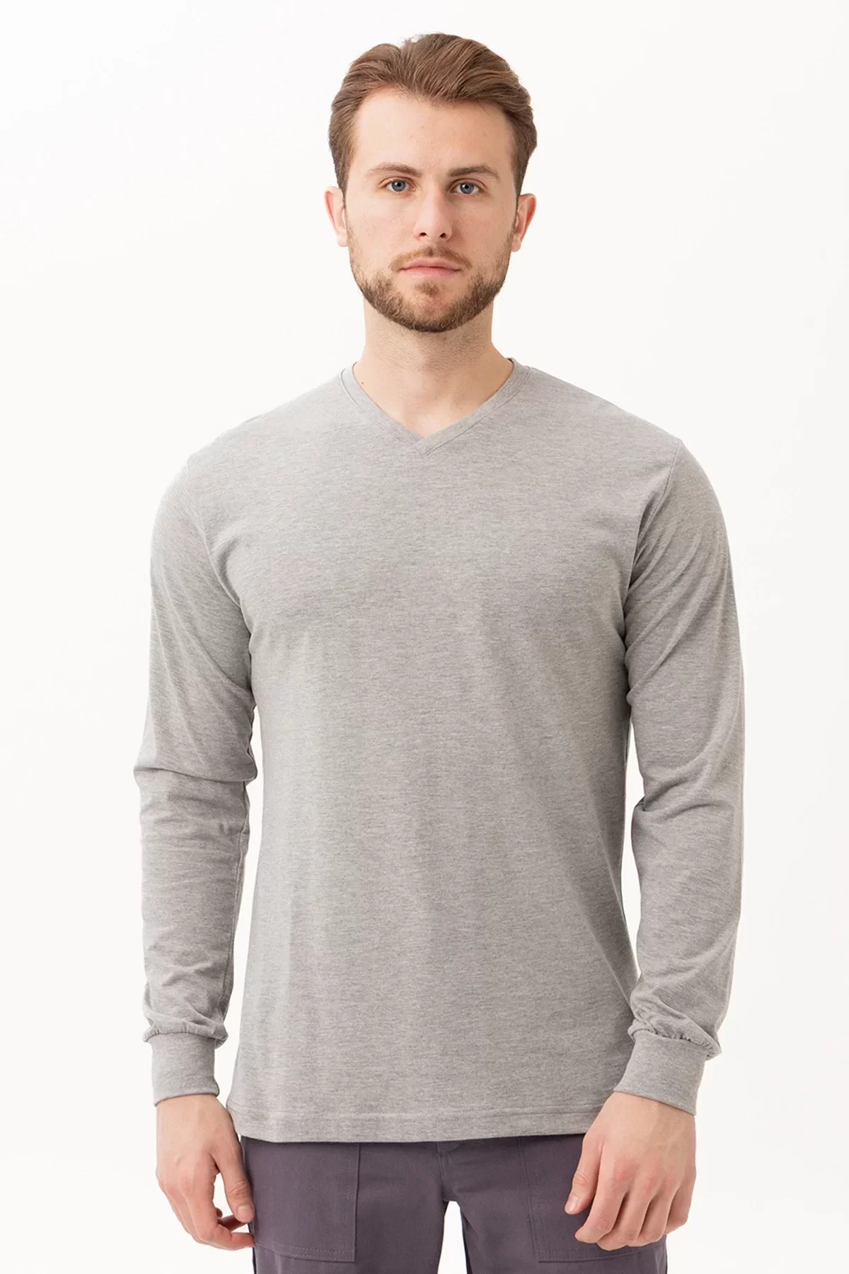 Erkek V Yaka Uzun Kollu Tişört 50 Pamuk Gaura shirt Pamuklu Nefes Alabilir Rahat Kesim Günlük