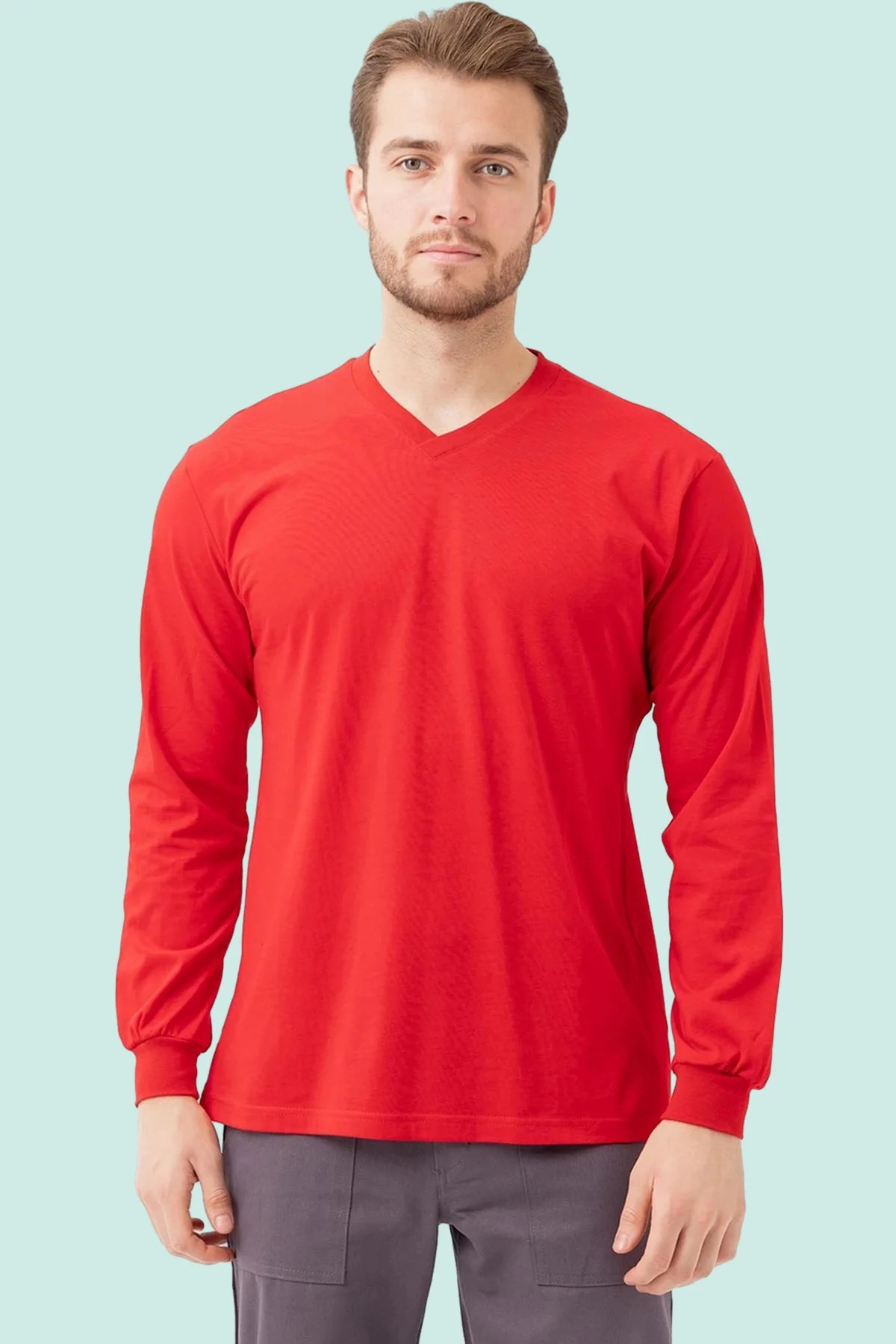 V Yaka Uzun Kollu Penye Tshirt Padus shirt Rahat Kesim Günlük İş Kullanımı İçin