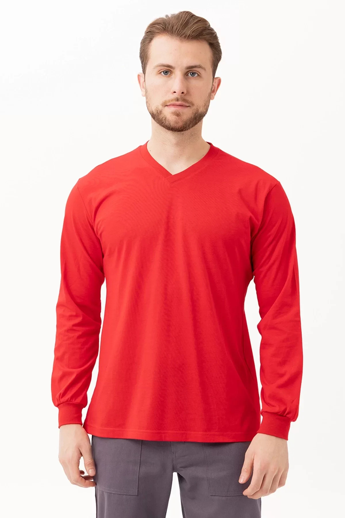 V Yaka Uzun Kollu Penye Tshirt Padus shirt Rahat Kesim Günlük İş Kullanımı İçin