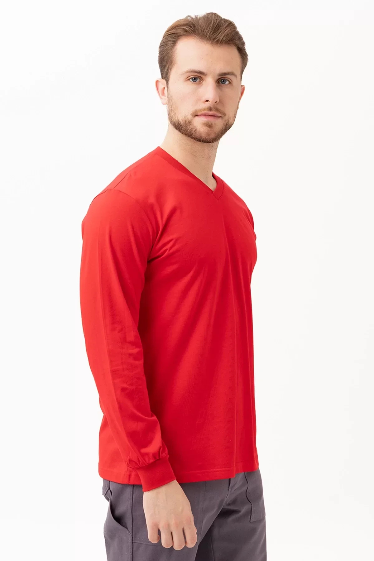 V Yaka Uzun Kollu Penye Tshirt Padus shirt Rahat Kesim Günlük İş Kullanımı İçin