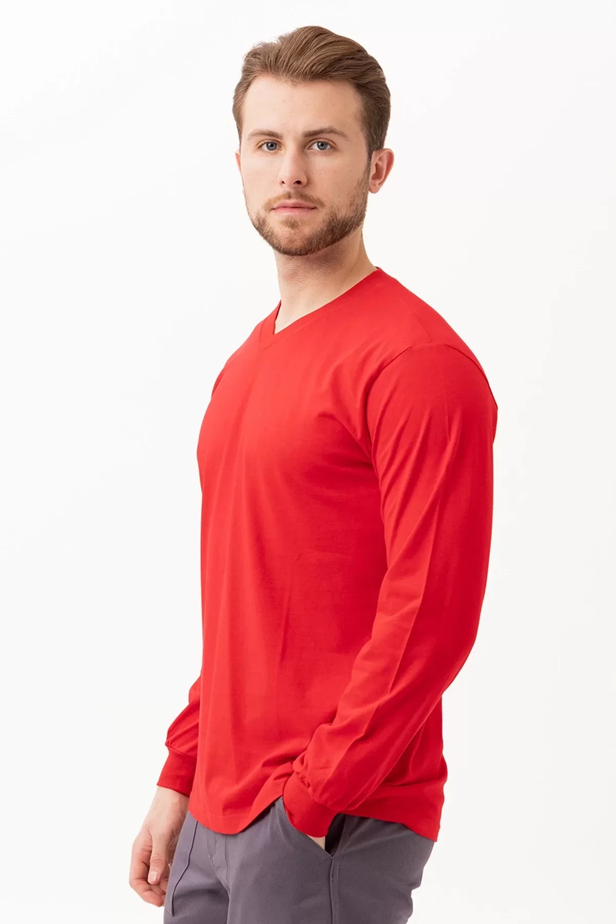 V Yaka Uzun Kollu Penye Tshirt Padus shirt Rahat Kesim Günlük İş Kullanımı İçin