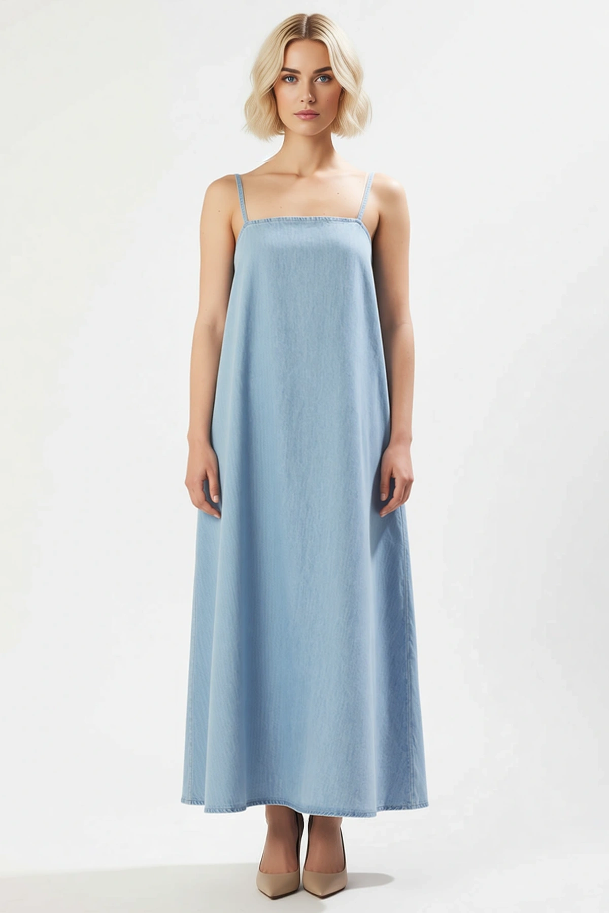 Kadın Kare Yaka Kolsuz Maxi Denim Elbise Oversize Kalıp Fonksiyonel Dayanıklı Şık %100 Pamuk Büyük Beden